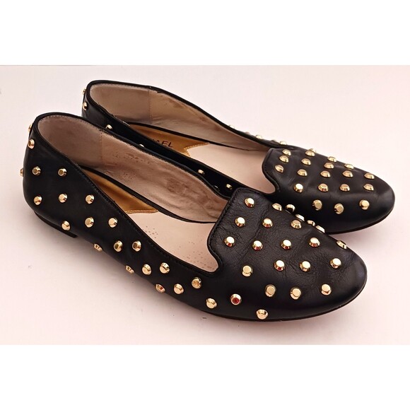 Michael Kors Ailee Blk Leather Flats Gold Studs 7.5M - Picture 4 of 8